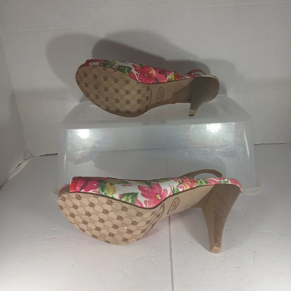 Candie's Dorado Slingback Heels 8.5 Pink‎ Floral Peep Toe Platform Pinup Retro